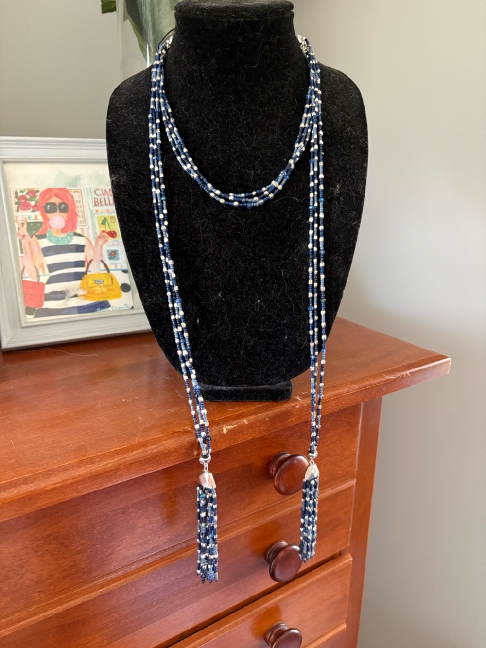 White House Black Market Navy and Silver Beaded Multi-Strand Tassel Necklace